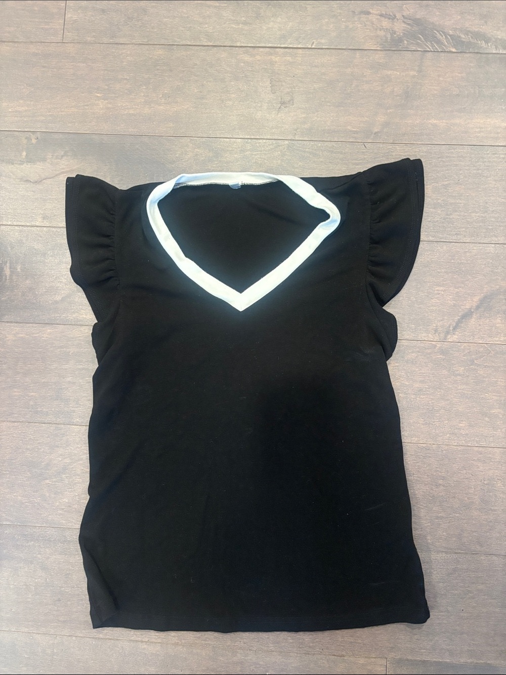 Black V-Neck Flutter Sleeve Top with White Trim